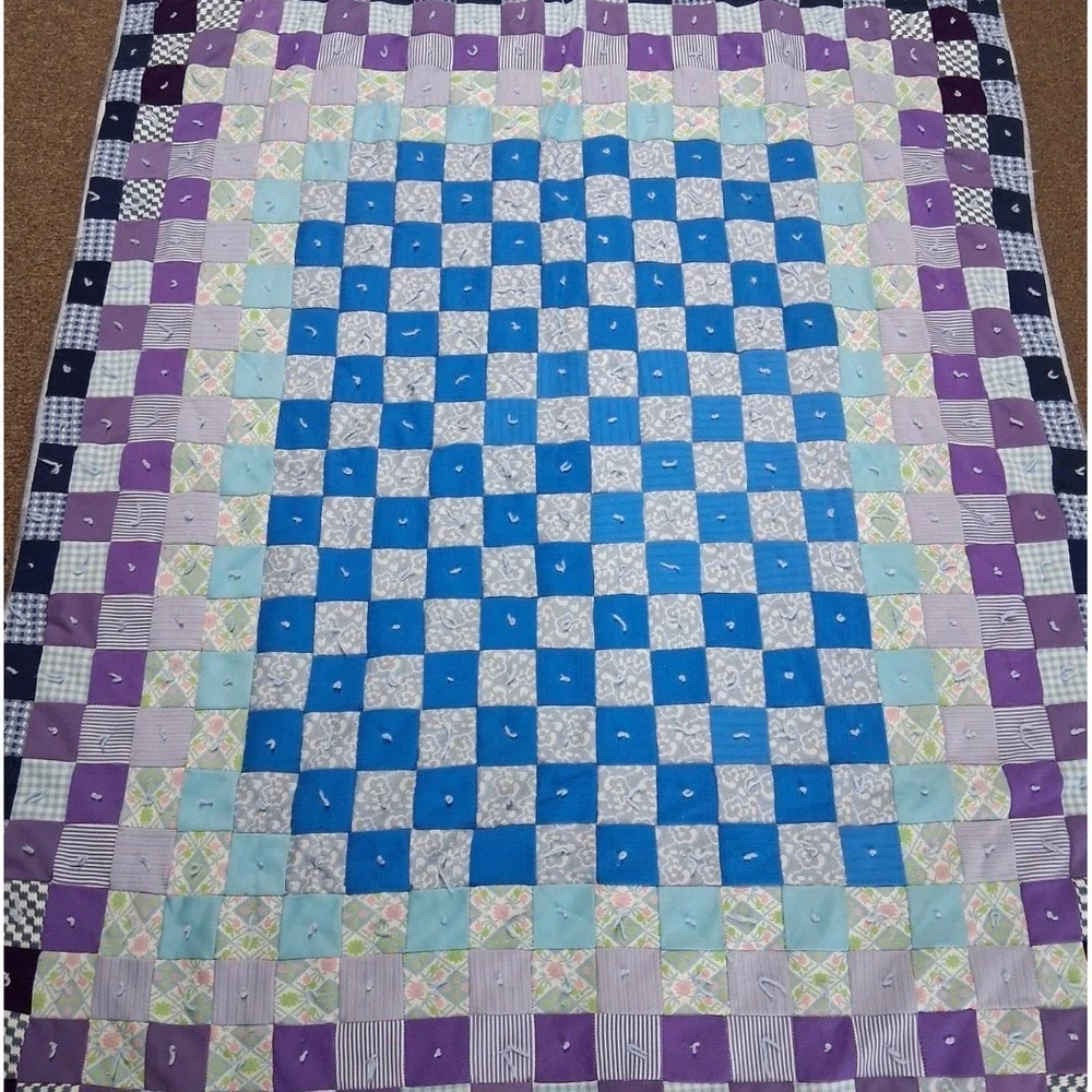 1.a.0.0.0.5 Handmade Tied Patchwork Quilt Checkerboard Lap Throw 54x64